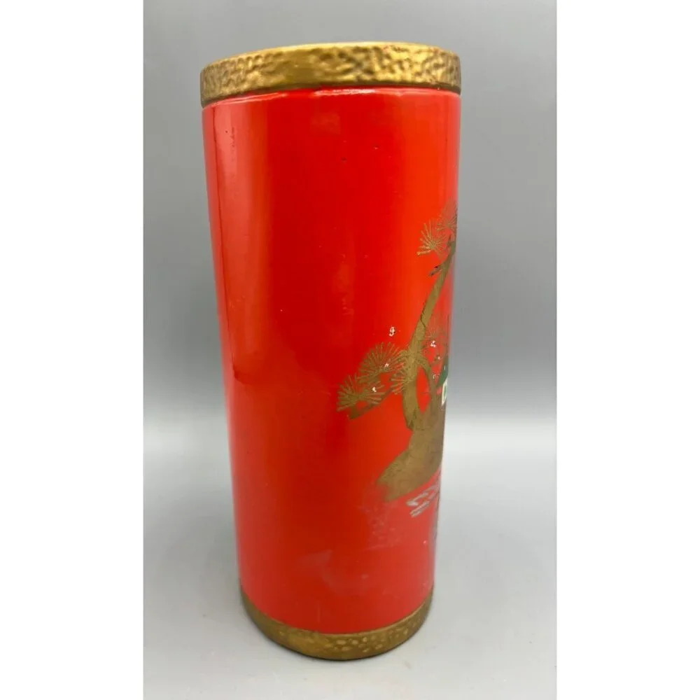 Vtg Norleans Japanese‎ Red Orange Gold Ceramic Vase Painted Landscape Design